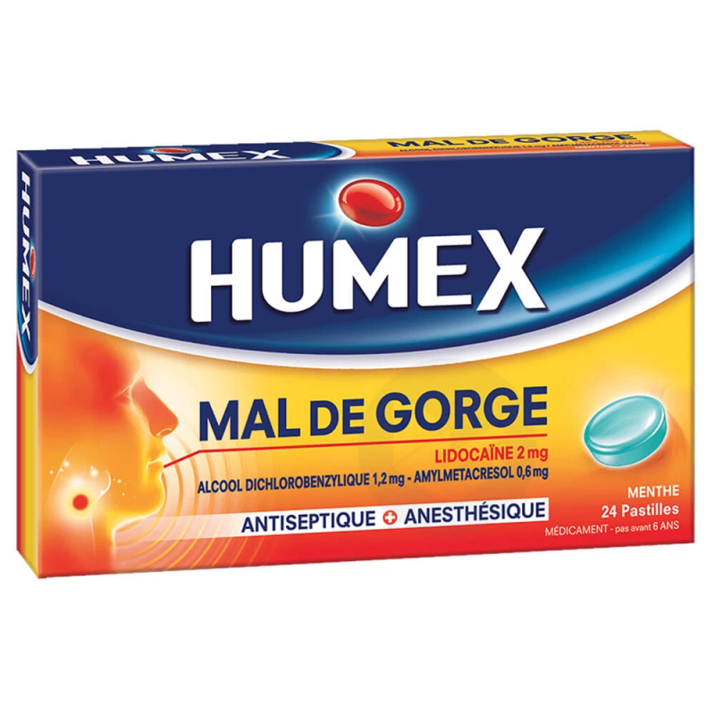 Humex Mal de Gorge Lidocaïne Menthe 24 Pastilles 3400930039625