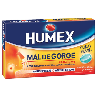 Humex Mal de Gorge Lidocaïne Menthe Glaciale 24 Pastilles Sans sucre 3400930039717