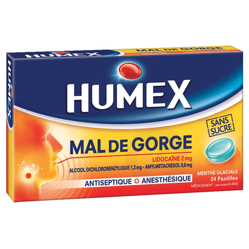 Humex Mal de Gorge Lidocaïne Menthe Glaciale 24 Pastilles Sans sucre 3400930039717