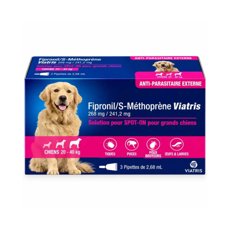 Viatris Fipronil / S-Méthoprène 268 mg/241,2 mg grand chien 40kg 3 pipettes